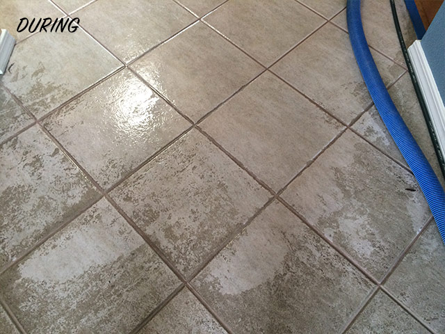 During porcelain tile and grout floor stripped, cleaned, and sealed