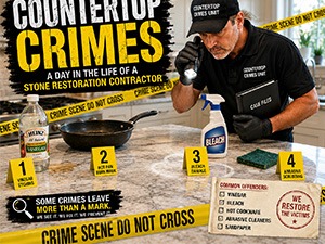Infographic-style scene: a stone restoration contractor at a workbench with yellow evidence markers labeled 1–4, 'Countertop Crimes' title, and a checklist of common offenses.