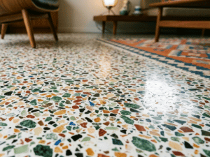 Low-angle view of a terrazzo floor with colorful chip patterns in green, orange, black, and white, in a living room setting with mid-century furniture.
